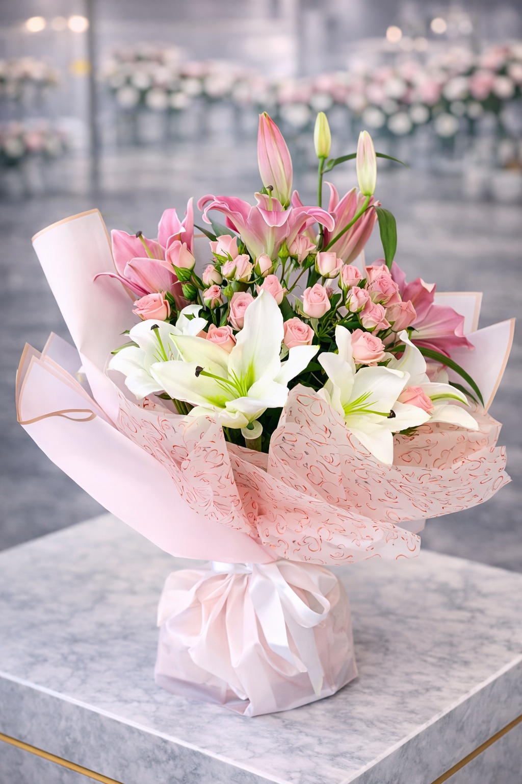 Tranquil Notes Flower Bouquet | 5-8 Lillies & 8-13 Mix Roses | Ideal Gift