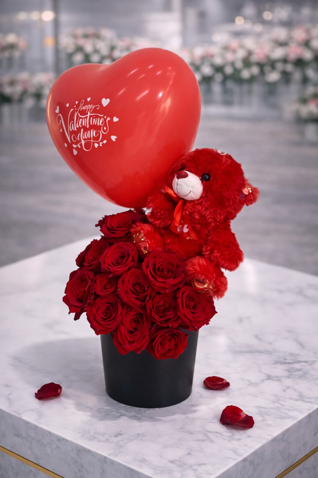 Pure Love With Teddy Flower Arrangement | 19–21 Roses + Balloon & Teddy | Anniversary | Romance | Valentine's Day | Celebration